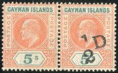 Cayman Islands, 1907, -1/2p on 5sh, Pair, One Without Surcharge, (Scott 18d; SG 18d)