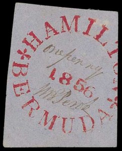 Bermuda, 1856, 1p Red on Bluish, Perot Hamilton Provisional, (Scott X2; SG O5)