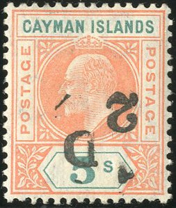 Cayman Islands, 1907, -1/2p on 5sh, Inverted Surcharge, (Scott 18a; SG 18a)