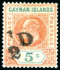 Cayman Islands, 1907, -1/2p on 5sh, Double Surcharge, (Scott 18b; SG 18b)