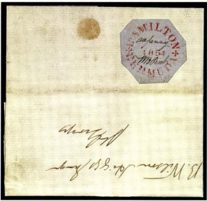 Bermuda, 1854, 1p Red on Bluish, Perot Hamilton Provisional, (Scott X2a; SG O4)