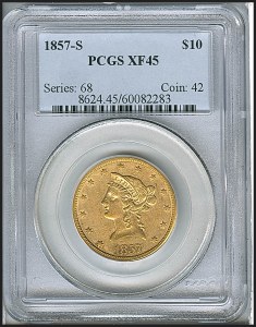 Liberty Eagle, $10, 1857 - S, 8624, Obverse