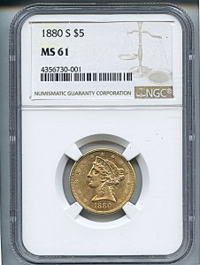 Liberty Half Eagle, $5, 1880 - S, 8353, Obverse