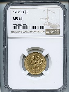 Liberty Half Eagle, $5, 1906 - D, 8414, Obverse