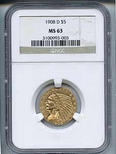 Indian Half Eagle, $5, 1908 - D, 8511, Obverse