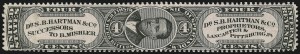 Sale 905, Lot 3656, Private Die Proprietary Stamps, (Dr.) S. B. Hartman & Co., 4c Black, Pink Paper (Rs99c) Sale 905, Lot 3656, Private Die Proprietary Stamps