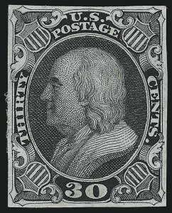 Sale 923, Lot 2129, 1857-60 Issue, 30c Black, Trial Color Die Proof on India (38TC) Sale 923, Lot 2129, 1857-60 Issue