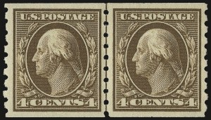 Sale 938, Lot 1584, 1908-12 Issues (Scott 367 to 396), 4c Brown, Coil (395) Sale 938, Lot 1584, 1908-12 Issues (Scott 367 to 396)
