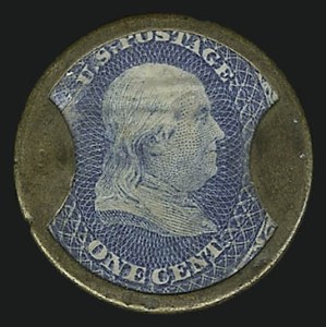 Sale 953, Lot 368, Encased Postage and Fractional Currency, North American Life Insurance, 1c Blue, Encased Postage, Curved "Insurance" (EP140) Sale 953, Lot 368, Encased Postage and Fractional Currency