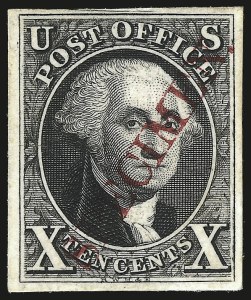 Sale 953, Lot 51, Essays, Proofs and Specimens, 10c Black, Plate Proof on India, Red Diagonal "Specimen" Ovpt. (2S3) Sale 953, Lot 51, Essays, Proofs and Specimens