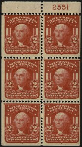 Sale 962, Lot 2637, 1902-08 thru Jamestown Issues (Scott 300-330), 2c Scarlet, Die I, Booklet Pane of Six (319p) Sale 962, Lot 2637, 1902-08 thru Jamestown Issues (Scott 300-330)