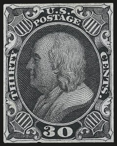 Sale 975, Lot 1004, Essays, Proofs and Specimens, 30c Black, Trial Color Plate Proof on India (38TC3) Sale 975, Lot 1004, Essays, Proofs and Specimens
