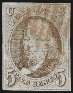 Sale 975, Lot 1074, 1847 Issue (Scott 1-2), 5c Red Brown (1) Sale 975, Lot 1074, 1847 Issue (Scott 1-2)