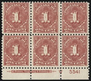 Sale 1003, Lot 5375, United States Postage Due Issues (Blocks and Plate Blocks, Scott J52-J66), 1c Dull Rose (J52a) Sale 1003, Lot 5375, United States Postage Due Issues (Blocks and Plate Blocks, Scott J52-J66)