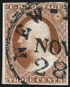 Sale 1017, Lot 223, 3c 1851-56, Experimental Orange Brown (Scott 11A var)