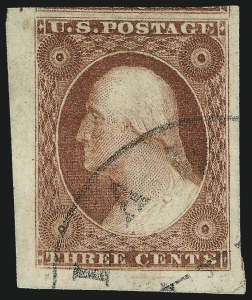 Sale 1017, Lot 436, 3c 1851-56, Claret, Imprint and Corner Margin Copies (Scott 11-11A)