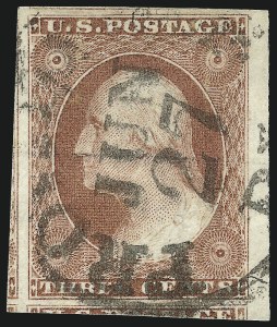 Sale 1017, Lot 446, 3c 1851-56, Claret, Sheet Margin Copies (Scott 11-11A)