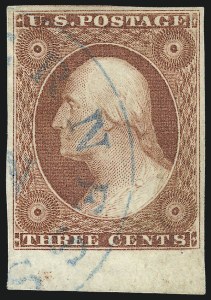 Sale 1017, Lot 453, 3c 1851-56, Claret, Sheet Margin Copies (Scott 11-11A)