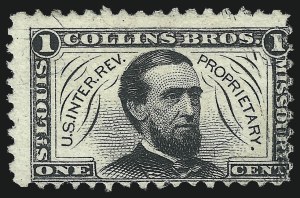 Sale 1061, Lot 4401, Private Die Medicine Stamps, Ayer thru Dalley`s, Collins Brothers, 1c Black, Silk Paper (RS59b) Sale 1061, Lot 4401, Private Die Medicine Stamps, Ayer thru Dalley`s