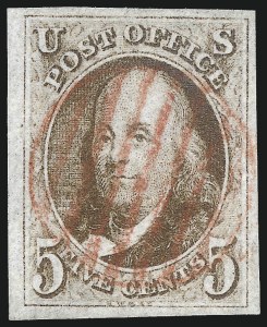 Sale 1078, Lot 27, 5c 1847 Issue (Scott 1-1d), 5c Red Brown (1) Sale 1078, Lot 27, 5c 1847 Issue (Scott 1-1d)