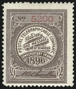 Sale 1090, Lot 1896, Telegraph Company Stamps, cont., Postal Telegraph Co., 1896, Brown (15T14) Sale 1090, Lot 1896, Telegraph Company Stamps, cont.