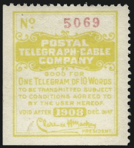 Sale 1090, Lot 1897, Telegraph Company Stamps, cont., Postal Telegraph Co., 1908, Yellow (15T30) Sale 1090, Lot 1897, Telegraph Company Stamps, cont.