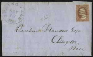 Sale 1109, Lot 454, 3c 1851-56 Issue, On-Cover (Scott 10-11A)