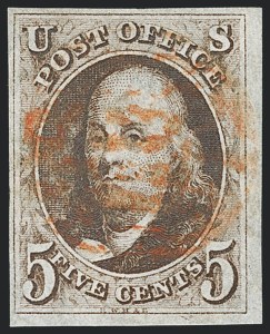 Sale 1133, Lot 18, 1847 Issue (Scott 1-1d), 5c Red Brown (1) Sale 1133, Lot 18, 1847 Issue (Scott 1-1d)