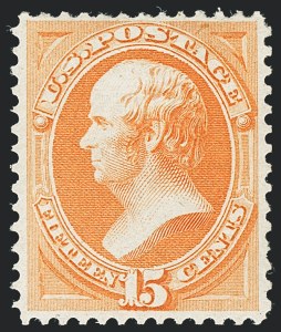 Sale 1133, Lot 362, 1870-88 Bank Note Issues (Scott 134-219), 15c Yellow Orange (163) Sale 1133, Lot 362, 1870-88 Bank Note Issues (Scott 134-219)