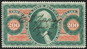 Sale 1209, Lot 1575, Revenues: First Issue Perforated, $200.00 U.S.I.R., Perforated (R102c) Sale 1209, Lot 1575, Revenues: First Issue Perforated