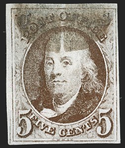 Sale 1232, Lot 1062, 1847 Issue and 1875 Reproduction (Scott 1-4), 5c Dark Brown (1a) Sale 1232, Lot 1062, 1847 Issue and 1875 Reproduction (Scott 1-4)