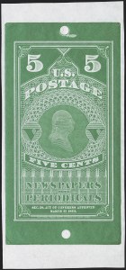 Sale 1249, Lot 1, 1865 National Bank Note Co. Proofs, 5c 1865 Newspaper Issue, Large Die Trial Color Proofs on Thin Hard Wove (PR1TC1a) Sale 1249, Lot 1, 1865 National Bank Note Co. Proofs