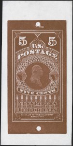 Sale 1249, Lot 1, 1865 National Bank Note Co. Proofs, 5c 1865 Newspaper Issue, Large Die Trial Color Proofs on Thin Hard Wove (PR1TC1a) Sale 1249, Lot 1, 1865 National Bank Note Co. Proofs