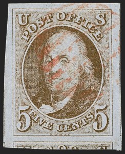 Sale 1255, Lot 33, 5c 1847 Issue, Intermediate and Worn-Plate Impressions (Scott 1)