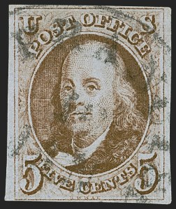 Sale 1255, Lot 75, 5c 1847 Issue, Cancellations: Colored Cancels (Scott 1)