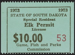 Sale 1262, Lot 1133, Back-of-Book Issues, South Dakota, $10.00 1973 Elk Permit (Cotton SD-E9) Sale 1262, Lot 1133, Back-of-Book Issues