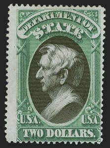 Sale 1290, Lot 1566, Officials featuring Special Pintings from the Mooz Estate, $2.00 Green & Black, State (O68) Sale 1290, Lot 1566, Officials featuring Special Pintings from the Mooz Estate