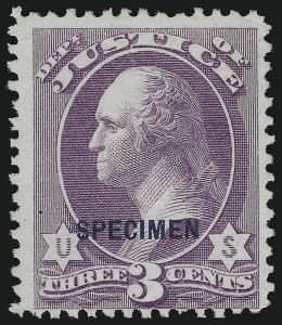 Sale 905, Lot 3329, Official Specimens and Sepcimens, 3c Justice, Specimen Ovpt. (O27S) Sale 905, Lot 3329, Official Specimens and Sepcimens