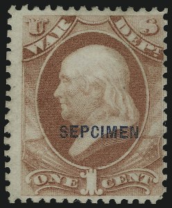 Sale 905, Lot 3417, Official Specimens and Sepcimens, 1c War, "Sepcimen" Error (O83Sa) Sale 905, Lot 3417, Official Specimens and Sepcimens
