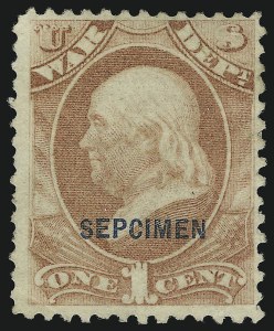 Sale 905, Lot 3418, Official Specimens and Sepcimens, 1c War, "Sepcimen" Error (O83Sa) Sale 905, Lot 3418, Official Specimens and Sepcimens