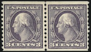 Sale 997, Lot 6014, 1913-15 Washington-Franklin Issues (Scott 424-460), 3c Violet, Coil (456) Sale 997, Lot 6014, 1913-15 Washington-Franklin Issues (Scott 424-460)