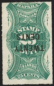 Sale 1179, Lot 2840, U.S. Possessions: Hawaii, Royal Portraits thru Back-of-Book, HAWAII, 1893, 20c on 25c Green, Inverted Surcharge (R7a) Sale 1179, Lot 2840, U.S. Possessions: Hawaii, Royal Portraits thru Back-of-Book