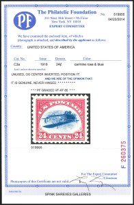 Sale 1233, Lot 1531, 24c Inverted Jenny, Position 77, 24c Carmine Rose & Blue, Center Inverted (C3a) Sale 1233, Lot 1531, 24c Inverted Jenny, Position 77