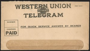 Sale 1233, Lot 1533, William T. Robey Letters, May 17, 1918, telegram from Mrs Sale 1233, Lot 1533, William T. Robey Letters