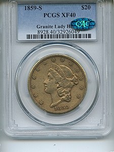 Liberty Double Eagle, $20, 1859 - S, 8928, Obverse